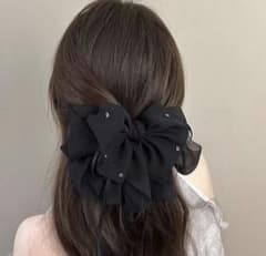 ヘアクリップ　シフォン　リボン　ふんわり　ブラック　ヘアアレンジ　フォーマルのサムネイル