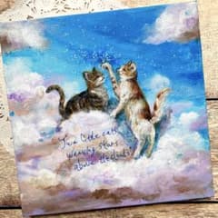 アクリル画 オイルパステル画 星を紡ぐ猫たち キャンバスアート 猫の絵