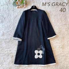極美品 M'S GRACY フラワーモチーフ ウール ワンピース ブラック 40