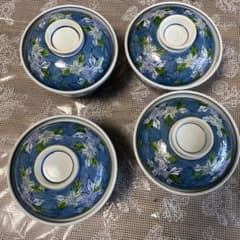 青色花柄 蓋つき煮物椀 4個セット - メルカリ