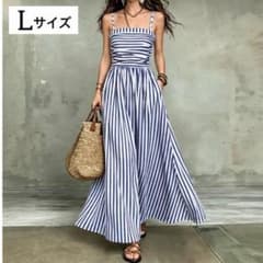Border stripe long dress camisole blue L size