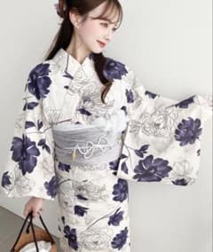 大人可愛い 芍薬柄 浴衣3点セット レース帯付き パープル グレー フリーサイズ 大人可愛い 芍薬柄 浴衣3点セット レース帯付き パープル グレー