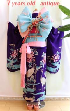 七五三 ７歳 アンティーク 向かい合う♡優しいお目々の親子鶴縮緬着物作り帯セットのサムネイル