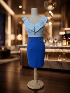 水色レース×ロイヤルブルー フリル襟 金ボタン タイトワンピース キャバドレスのサムネイル