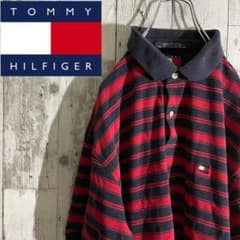 【90s】トミーヒルフィガー ポロシャツ ボーダー 赤 黒 刺繍フラッグ ロゴのサムネイル