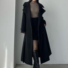2wayハイネックウールライクウエストシェイプフレアコートブラック