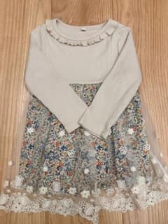 100サイズ juo 長袖 花柄×チュール ワンピースのサムネイル