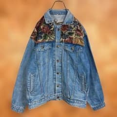 ゴブラン織 デニムジャケット 花柄 XL ヴィンテージデザインジャケット