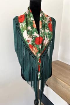 フラメンコ マントンシージョ ピンク花柄 グリーンフレコ スペイン製