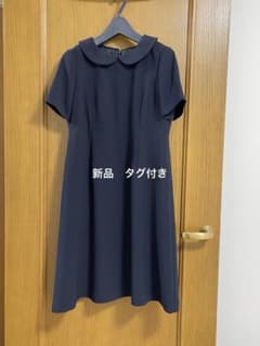 面接用　丸襟 半袖 膝丈ワンピース ネイビーのサムネイル
