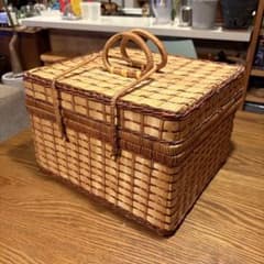昭和レトロ] 籐ピクニックバスケット カゴ ラタンバスケット 籠編み