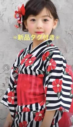 ✳︎新品タグ付き✳︎キッズ 浴衣ドレス 椿柄 ストライプ - メルカリ