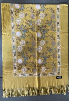 (未使用)カシミヤ100%イエローストール 花柄刺繍のサムネイル
