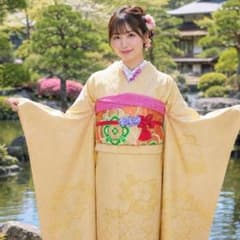 格安！　振袖フルセット　8点　成人式　結婚式　前撮り　蝶々　クリーム色　袋帯　白 格安！振袖フルセット 9点 成人式 結婚式 前撮り 黄色 総絞り 袋帯