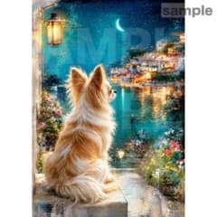 A54 港町の夜景と チワワ A4サイズ 犬 アート ポスター 絵画 額縁 絵