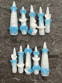 【005】 ネイルチップ 現品 メルヘン リボン 白 水色のサムネイル