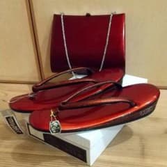 未使用 本革 高級キンワシ印 草履バッグセット 朱赤 23.5 エナメル