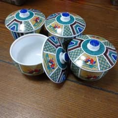 龍峯窯 古九谷手水禽文 蓋付茶器 湯呑 茶碗蒸し 4客セットのサムネイル