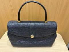 高級・本革】オーストリッチ ハンドバッグ ブラック シェル金具 冠婚 