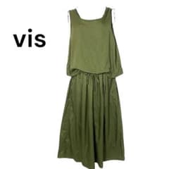 vis All-in-One Wide Pants Khaki Sleeveless with Waist Ribbon