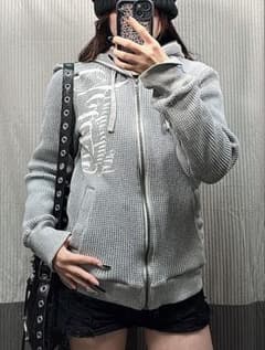 グレー メッシュ ジップアップパーカー 英字 グランジ y2k お兄系