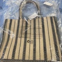 H&M ジャカードハンドバッグ　ストライプ柄 トートバッグ ベージュ×ブラックのサムネイル