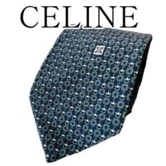 極美品】CELINE ネクタイ ネイビー 総柄 ロゴ シンプル シルク 絹