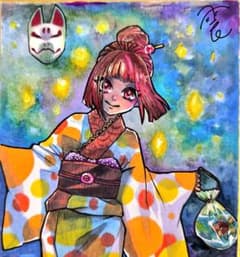手描きイラスト 色紙 狐面 浴衣 金魚のサムネイル
