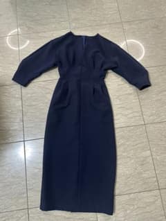 urs オフィスキーネック　タックウエストワンピース ネイビー
