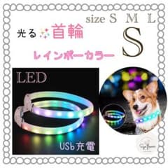 ○　新品　光る✨首輪　ホワイト　レインボー点滅　USB充電ケーブルつき　LEDのサムネイル
