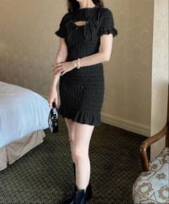 GRL 付きリボンシャーリングミニワンピース[tw1173] ブラックのサムネイル