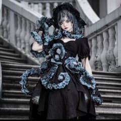 クトゥルフ　蛸足 紫コルセット　ゴシックロリータ コルセット クトゥルフ 蛸足レース 青黒色コルセット エプロン ゴシック ロリータ