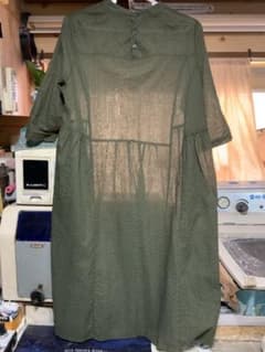ドット柄 ロングシャツワンピース カーキ