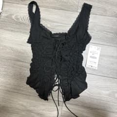 ZARA トップス ブラック リボン付きギャザートップス - メルカリ