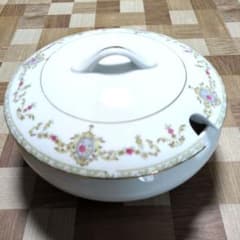 Nissei China 蓋付き陶器ボウル 白地 金色 ピンク花柄　レトロのサムネイル