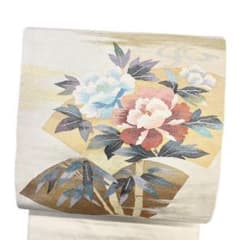 袋帯 綴れ織 扇 牡丹 笹文様 金糸 白地 着物 033b p - メルカリ