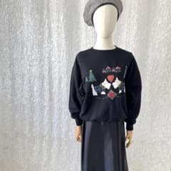 シュナウザー柄 刺繍スウェット サテンロングスカート セット販売 黒色 