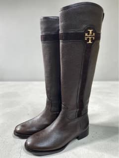 未使用 Tory Burch ロングブーツ ダークブラウン レザー ゴールドロゴ 