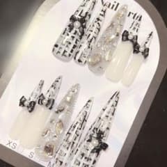ツイード フレンチ ガーリー リボン ロング ネイルチップのサムネイル
