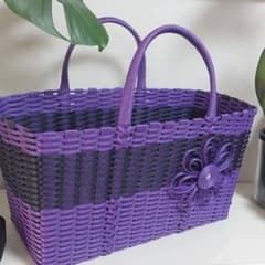 ハンドメイド 手編み かごバッグ パープル ブラックのサムネイル