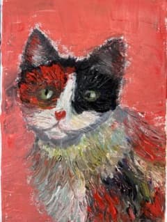 油絵 猫の絵 赤い背景 三毛猫のサムネイル