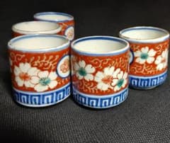 赤絵花唐草文のぞき猪口 5客 無傷完品 径5㎝ 高5.5cm 江戸後期～幕末頃