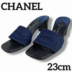 良品 CHANEL ミュール サンダル ヒール ココマーク デニム ロゴ 36 