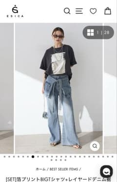 [SET]箔プリントBIGTシャツ+レイヤードデニム裾フレアパンツ(2set)のサムネイル
