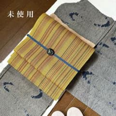 未使用 夏の帯 芥子色リボンテープ組み芥子色間道変わり羅織り 正絹八 