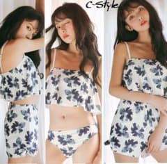 L 藍花柄 3点セット フリル　ビキニ　短パン　レディース 水着 セパレートのサムネイル