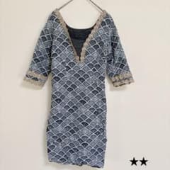빈티지 원피스 깊은 V넥 7분 소매 기하학 블루계 파티