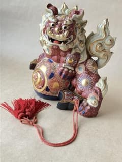 九谷焼 打ち出小槌唐獅子 狛犬 色絵金彩 縁起物 厄除 退魔 置物 高さ