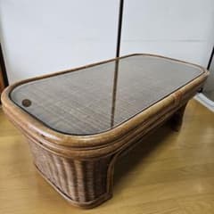 ラタン製 ヴィンテージ ガラステーブル センターテーブル ローテーブル