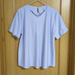 洋服の青山　ANCHORWOMAN 水色 ストライプ 半袖ブラウス 13号 XLのサムネイル